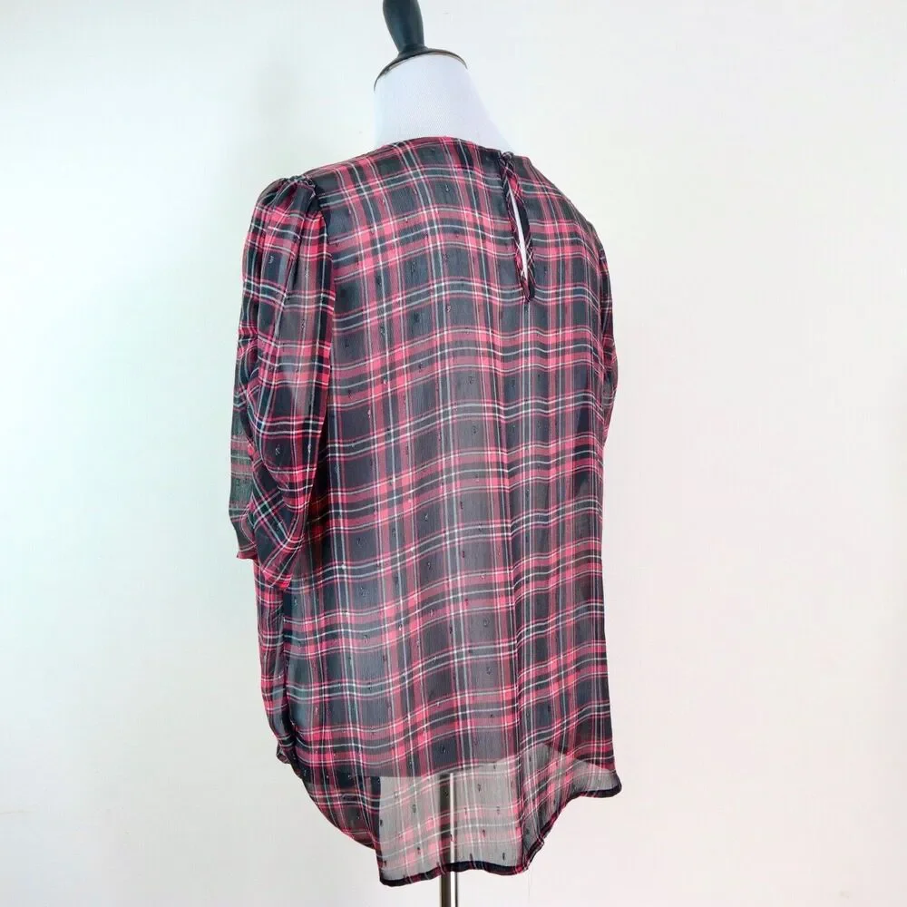 Torrid Size 0 / L Chiffon Lurex Ruched Sleeve Blouse Plaid Red Black